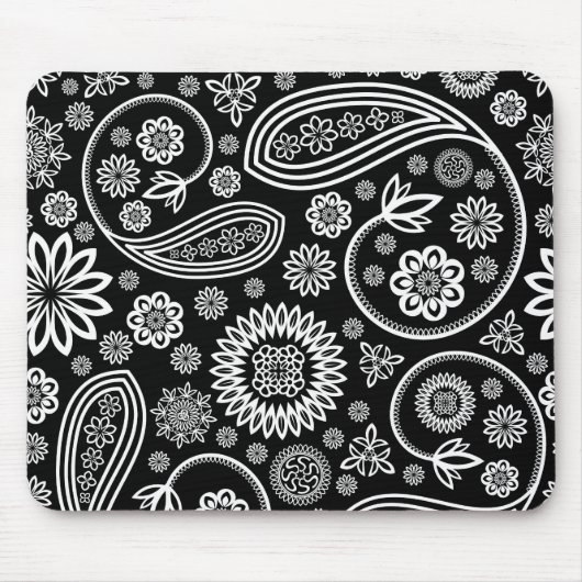Weißes Retro-Blumendesign auf schwarz Mousepad (Vorne)