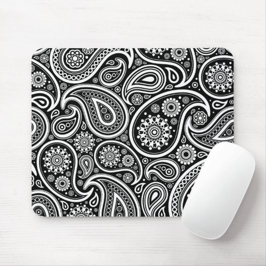 Weißes Retro-Paisley-Muster auf schwarz Mousepad (Mit Mouse)