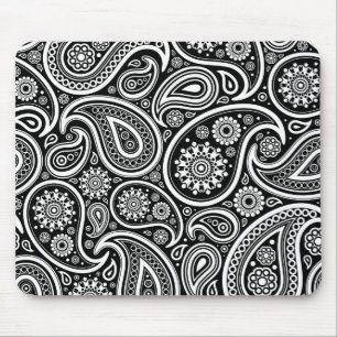 Weißes Retro-Paisley-Muster auf schwarz Mousepad