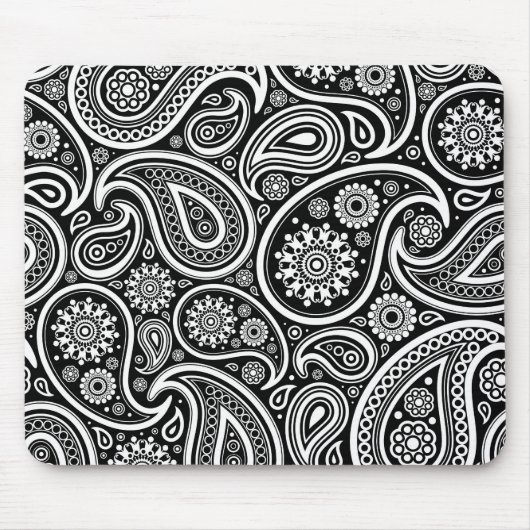 Weißes Retro-Paisley-Muster auf schwarz Mousepad (Vorne)