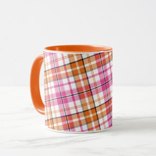 Weißes Rosa Oranges Karo Tartan Design Tasse (Vorderseite Links)