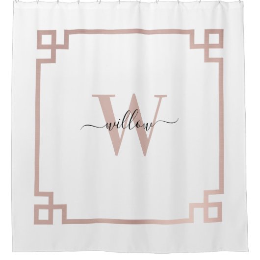 Weißes Rose Rosa griechischer Schlüssel Mit Monogr Duschvorhang (Vorderseite)