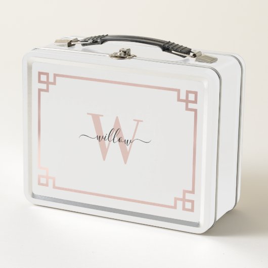 Weißes Rose Rosa griechischer Schlüssel Mit Monogr Metall Brotdose (Vorderseite)