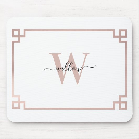 Weißes Rose Rosa griechischer Schlüssel Mit Monogr Mousepad (Vorne)