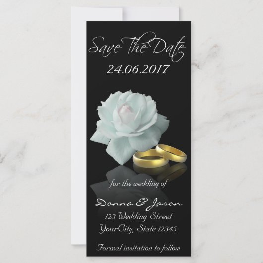 Weißes Rose und goldene Ringe Save the Date Rackca (Vorderseite)