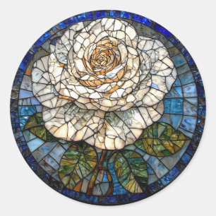 🌹 Weißes Rosen-Buntglas-Kunstgeschenk Runder Aufkleber