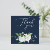 Weißes Rosen-Skript danken Ihnen Marine-Blau-Karte Dankeskarte (Stehend Vorderseite)