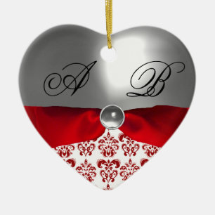 WEIßES ROTES BAND DAMASTSTEIN MONOGRAMM KERAMIKORNAMENT