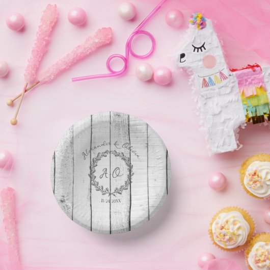 Weißes Rustikales Monogramm-Hochzeitpapier Pappteller (Party)