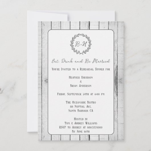 Weißes Rustikales Monogramm Probe Abendessen Einla Einladung (Vorderseite)