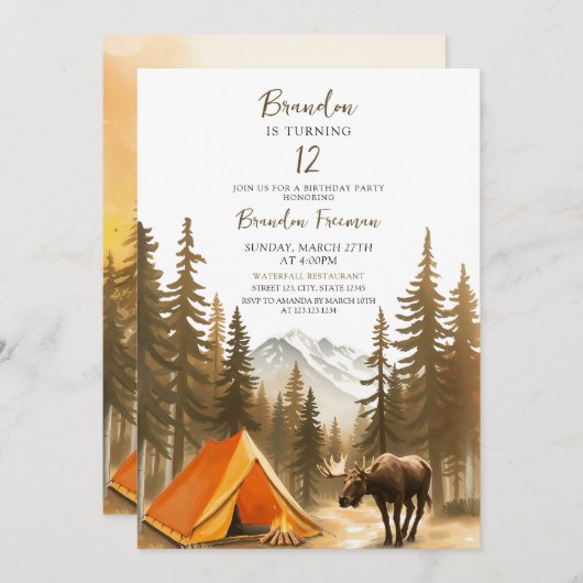 Weißes, rustikales Waldland Camping Geburtstag Einladung (Vorne/Hinten)
