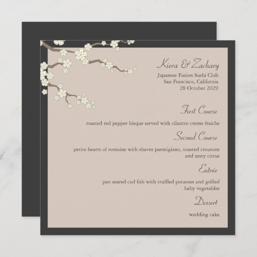 Weißes Sakura Kirschblüten Moderne Hochzeit in Asi Menükarte (Vorne/Hinten)