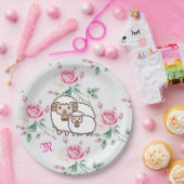 Weißes Schaf mit Baby Lamm und Rose Monogramm Pappteller (Party)