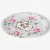 Weißes Schaf mit Baby Lamm und Rose Monogramm Pappteller (Schrägansicht)