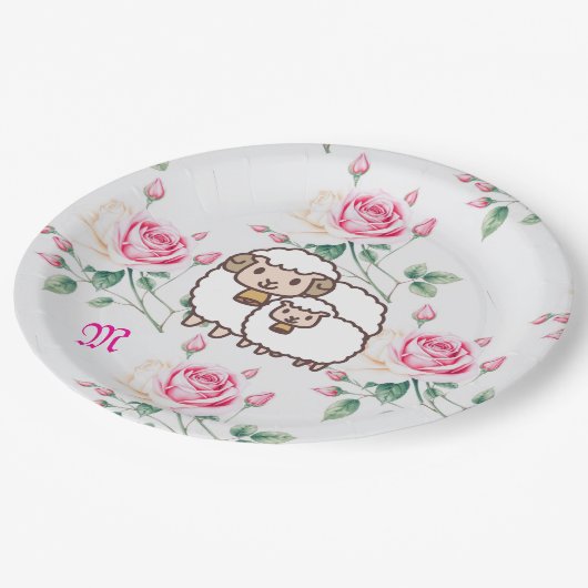 Weißes Schaf mit Baby Lamm und Rose Monogramm Pappteller (Schrägansicht)
