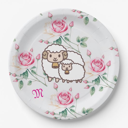 Weißes Schaf mit Baby Lamm und Rose Monogramm Pappteller (Vorderseite)