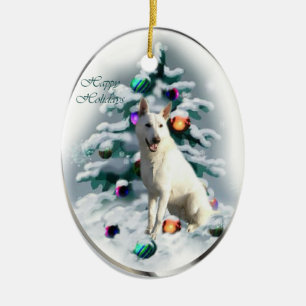 Weißes Schäferhund-Weihnachten Keramik Ornament