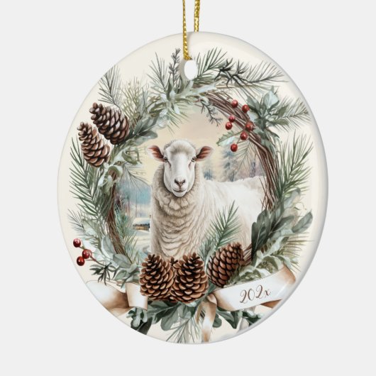 Weißes Schafzuchttier Weihnachtspinecone Keramik Ornament (Links)