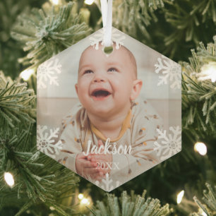 Weißes Schneeflocken-Babys Foto Ornament Aus Glas