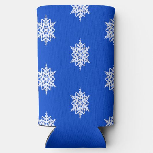 Weißes Schneeflockenmuster auf blau Selters Dosenkühler (Rückseite)