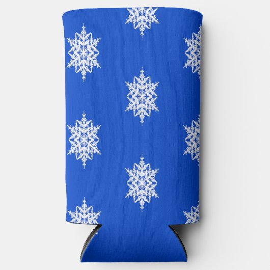 Weißes Schneeflockenmuster auf blau Selters Dosenkühler (Vorderseite)