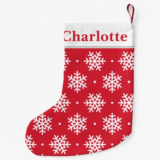 Weißes Schneeflockenmuster mit Monogram Red Holida Kleiner Weihnachtsstrumpf (Rückseite)