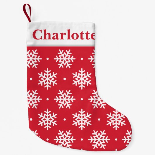 Weißes Schneeflockenmuster mit Monogram Red Holida Kleiner Weihnachtsstrumpf (Vorderseite)