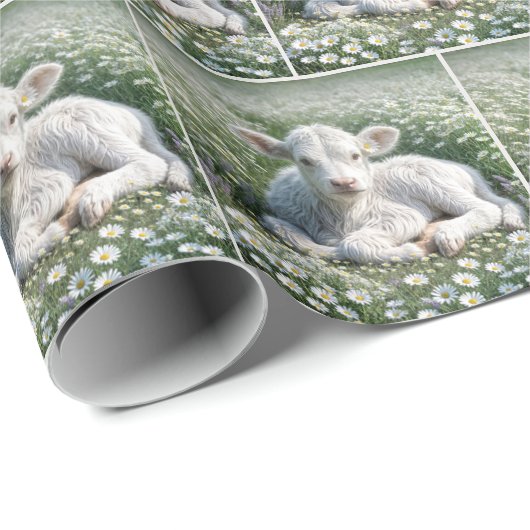 Weißes schottisches Hochland-Kalb in Daisien Geschenkpapier (Rolleneckpunkt)