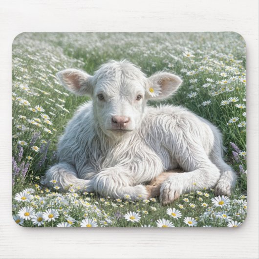 Weißes schottisches Hochlandkalb in Daisy Meadow Mousepad (Vorne)