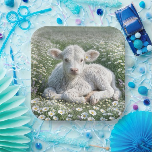 Weißes schottisches Hochlandkalb in Daisy Meadow Pappteller (Party)