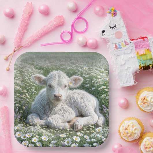 Weißes schottisches Hochlandkalb in Daisy Meadow Pappteller (Party)