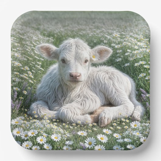 Weißes schottisches Hochlandkalb in Daisy Meadow Pappteller (Vorderseite)