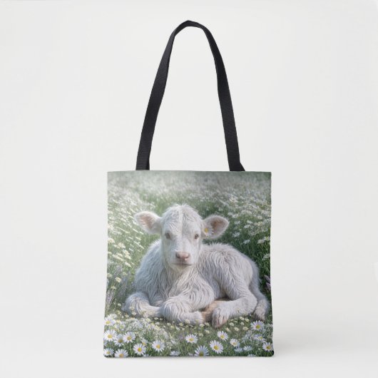 Weißes schottisches Hochlandkalb in Daisy Meadow Tasche (Vorderseite)