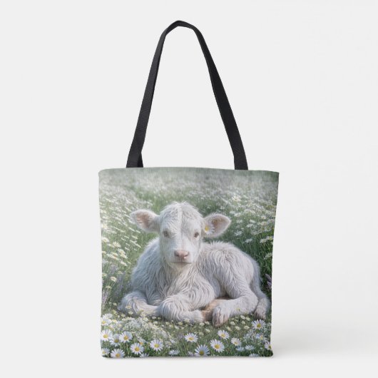 Weißes schottisches Hochlandkalb in Daisy Meadow Tasche (Rückseite)