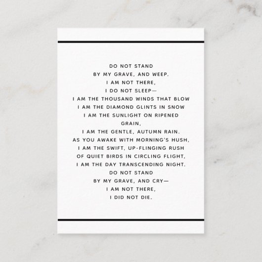 Weißes schwarzes Foto, einfache Beerdigungskarte Visitenkarte (Rückseite)