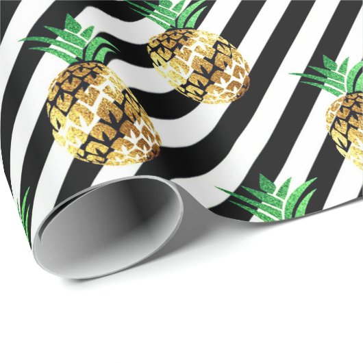 Weißes schwarzes Streifen tropisches Ananas-Gold Geschenkpapier (Rolleneckpunkt)