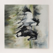 Weißes Schwarzes Wild Pferde Wasserfarbe Puzzle (Horizontal)