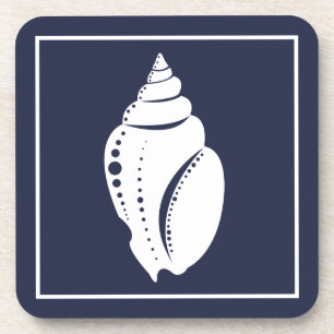 Weißes Seashell und Navy Blue Getränkeuntersetzer