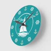 Weißes Seegelboot/Anker/Rad-Silhouette Runde Wanduhr (Winkel)