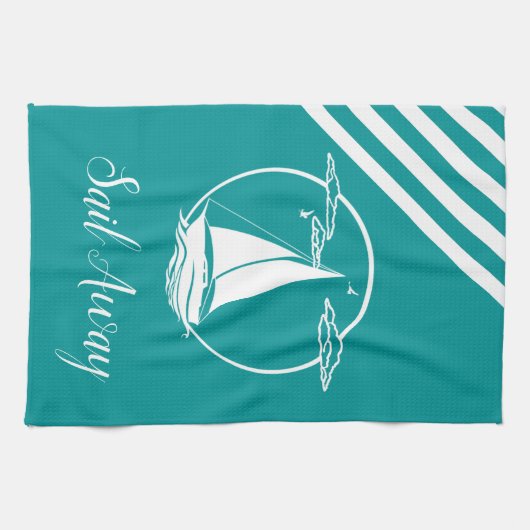 Weißes Seegelboot/Segel weg/ Silhouette Geschirrtuch (Horizontal)