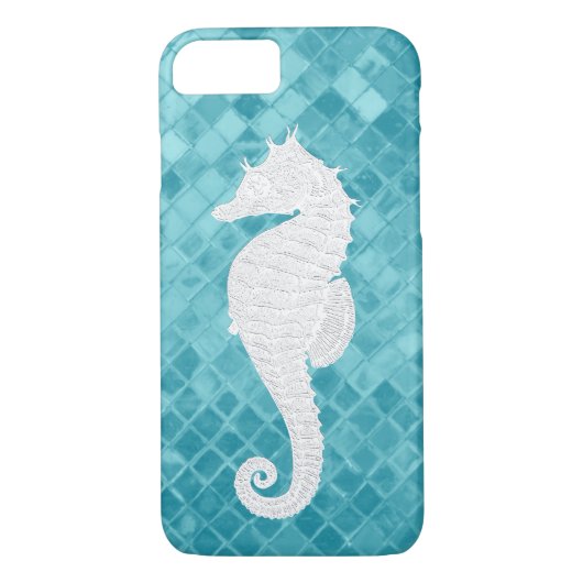 Weißes Seepferd auf Aqua-Seeglas Case-Mate iPhone Hülle (Rückseite)