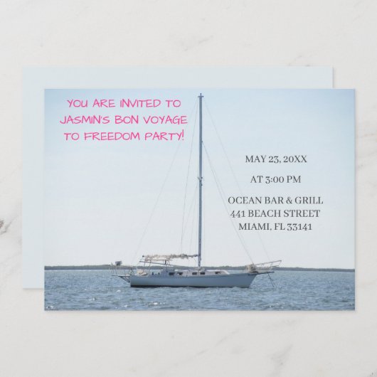 Weißes Segelboot auf Ocean Funny Bachelorette Boat Einladung (Vorne/Hinten)