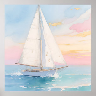 Weißes Segelboot Ozeanglühen Poster
