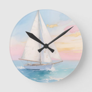 Weißes Segelboot Ozeanglühen Runde Wanduhr