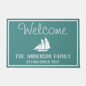 Weißes Segelboot-Silhouette-u. Seeküstengrün Fußmatte (Vorderseite)