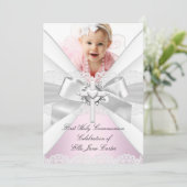 Weißes Silberrosa Foto Erste Heilige Kommune Einladung (Stehend Vorderseite)