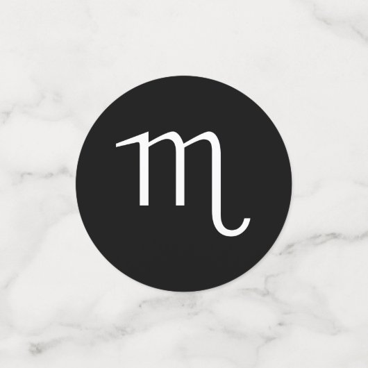 Weißes Skorpio-Skorpion-Astrologie-Symbol auf schw Konfetti (Klein Vorderseite)