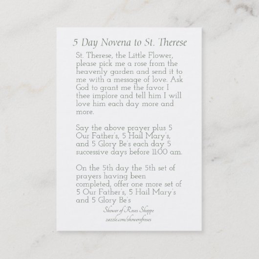 Weißes Skript überlagerte | St. Therese wenig Visitenkarte (Rückseite)