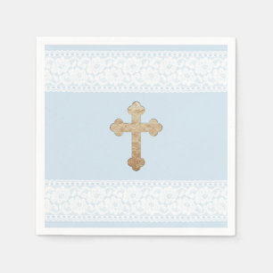 Weißes Spitze-Goldkreuz-Baby-Blau-religiöses Serviette