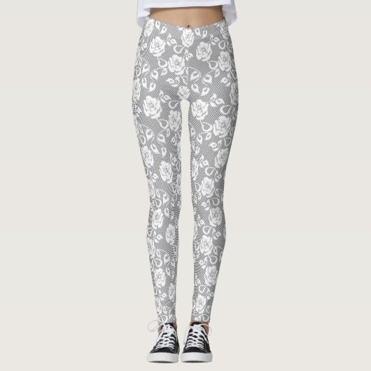 Weißes Spitzemuster auf grauem Hintergrund Leggings (Vorderseite)